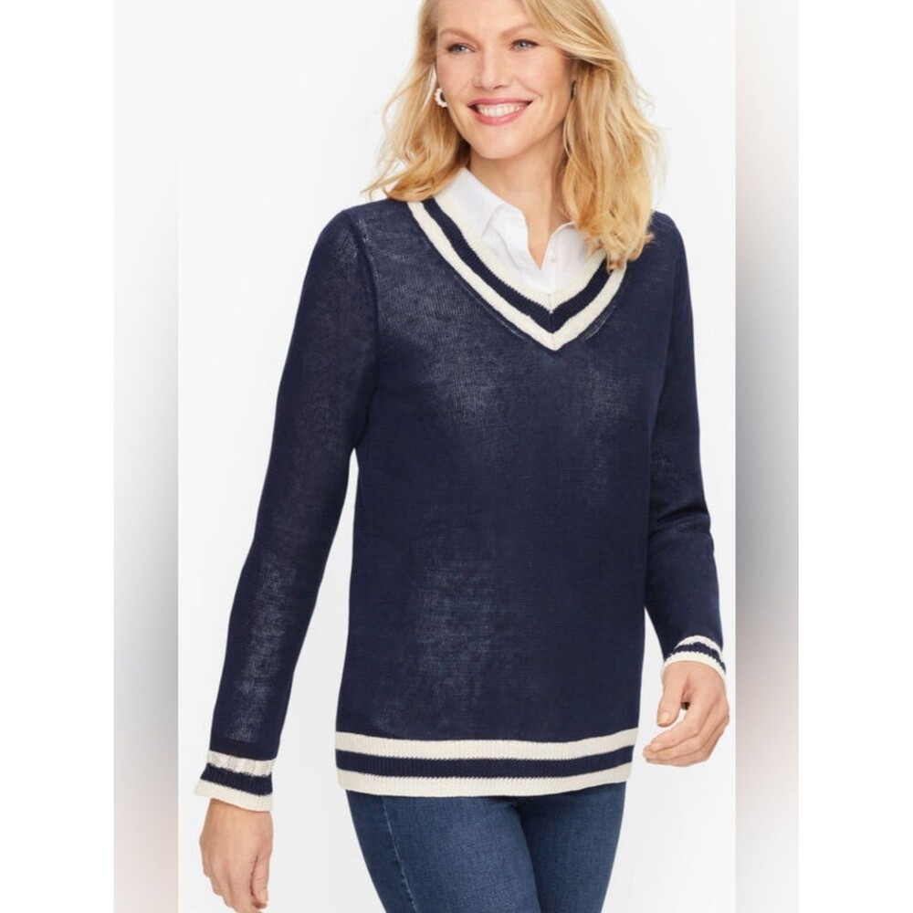 Talbots Linen V-Neck Varsity Sweater Navy Size 1XP 100% Linen